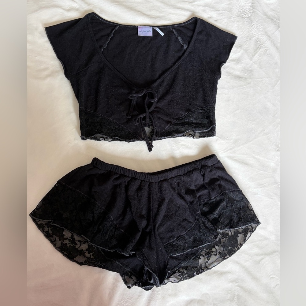Urban Outfitters Black Lace-Trim Two-Piece Pajama Set